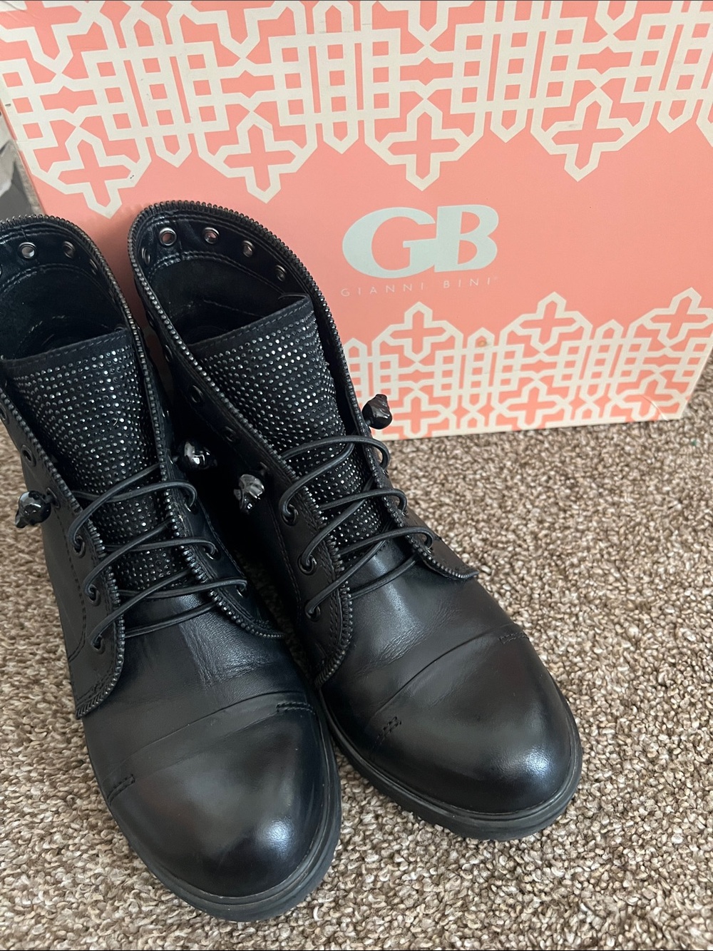 Gianni Bini Black Leather Ankle Boots with Studded Tongue